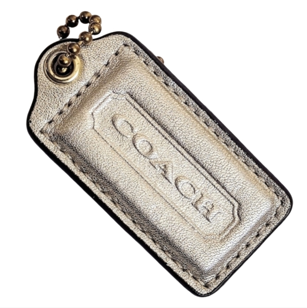 💫 2.5" Coach Vintage Metallic Light Gold Leather Hangtag Bag Fob Keychain